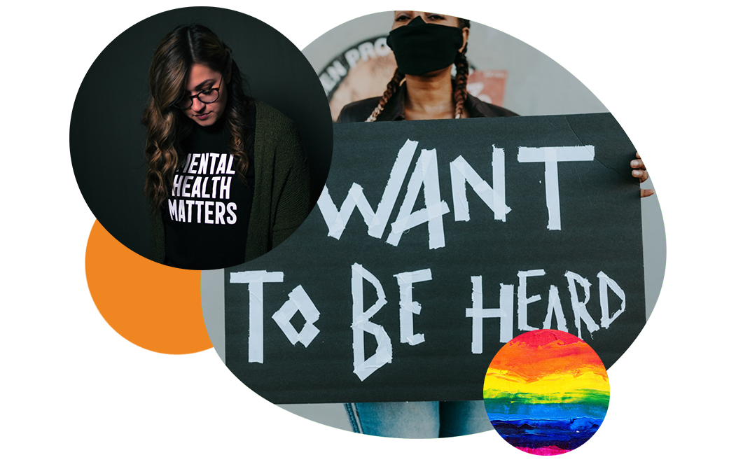 a woman holding poster with I want to be heard, a woman wearing black shirt with mental health matter text and pride colours circle with Andgo brand elements graphic