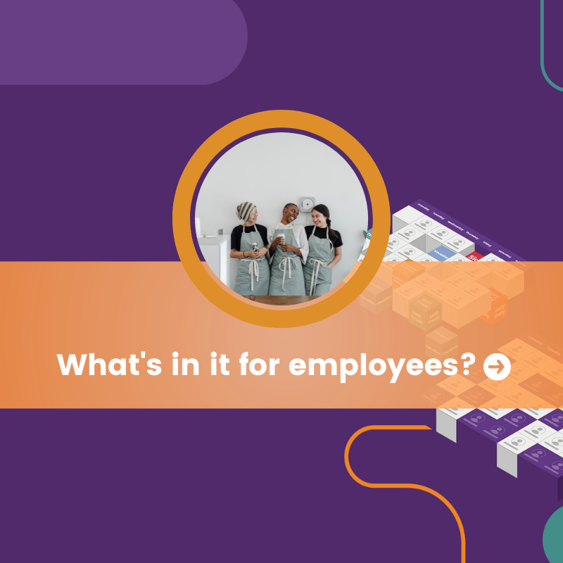 employees standing image in orange circle with brand element on purple background 800x800