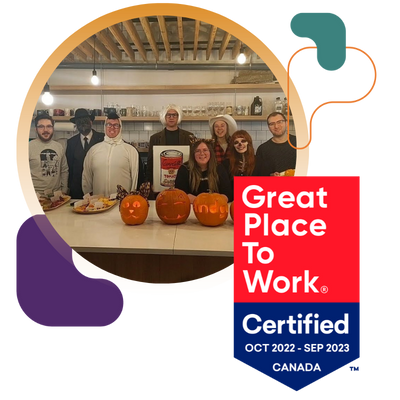 photo of a few andgo team member from halloween 2022 with great place to work 2022 certified badge