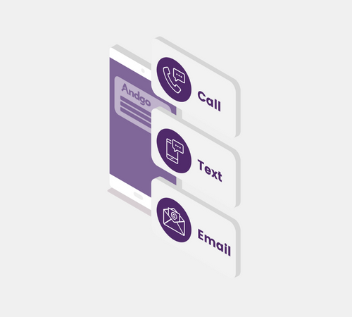 andgo mobile showing options to show call, text and email graphic on grey background
