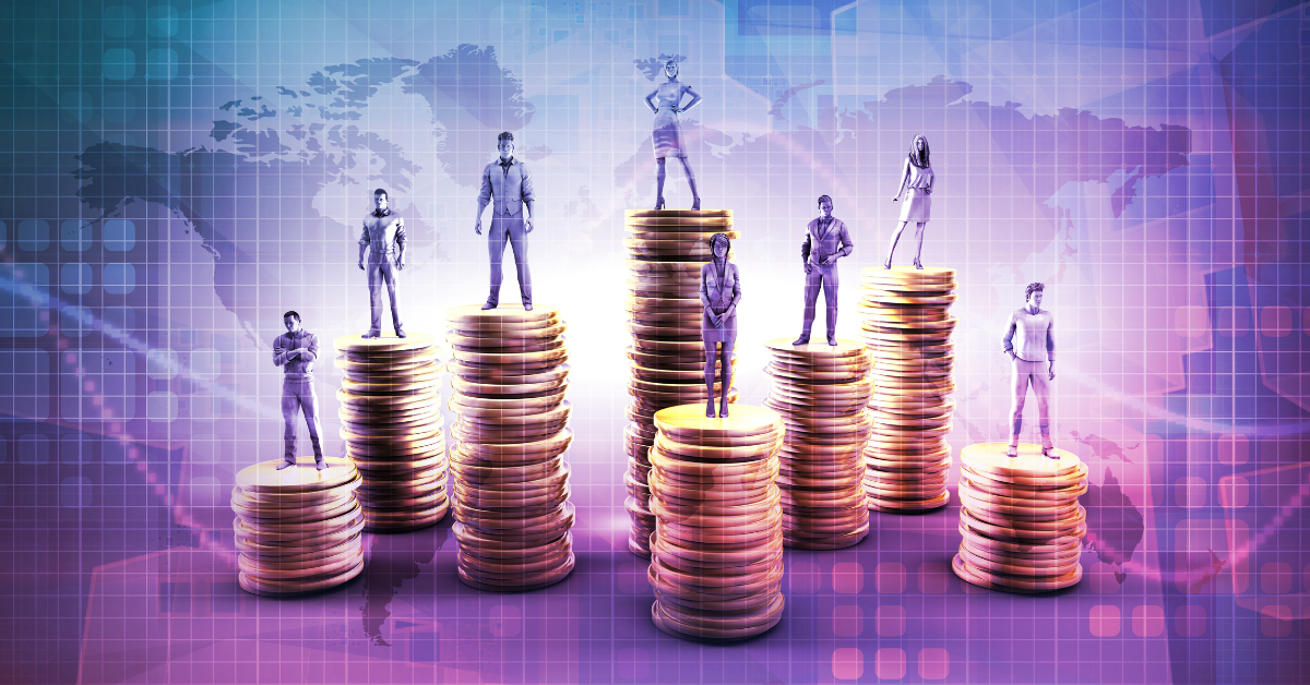 people standing on stack of coins illustrating business thriving in competitive environment image
